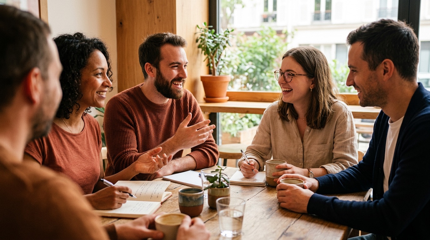 Séminaire d'entreprise : une équipe réunie hors du bureau, dans un cadre détendu